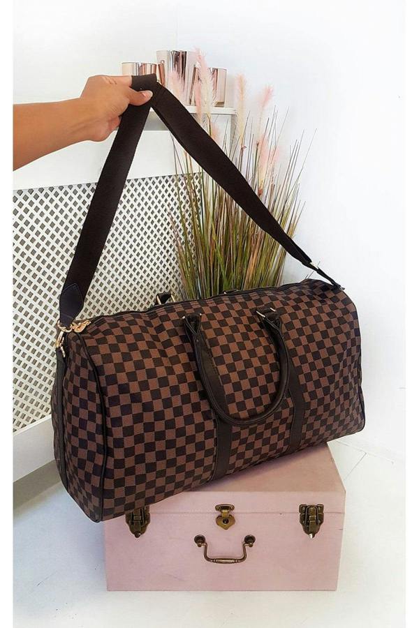 Indigo Checked Print Overnight Bag - Coffee