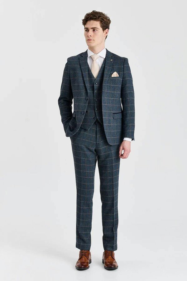 Paul Andrew Harris - Men's Navy 3 Piece Wool Blend Tweed Suit