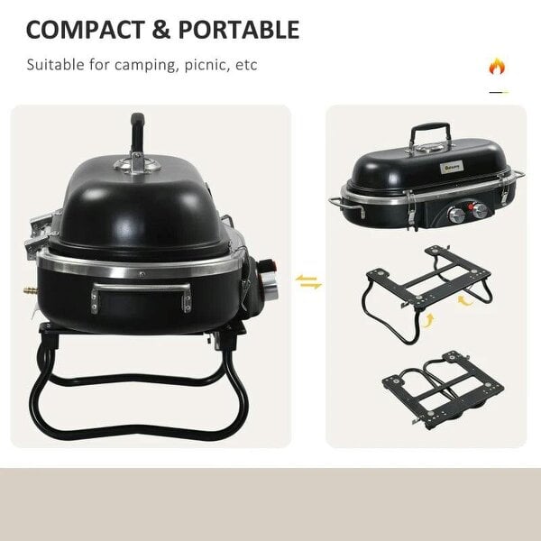 Bobobiy Foldable Gas BBQ Grill 2 Burner Table Top Barbecue with Lid Piezo Ignition Thermometer for Camping Picnic Cooking, Aluminium Alloy