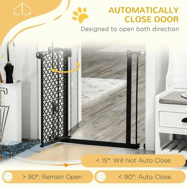 Black pet safety gate installed in a doorway with auto-close function