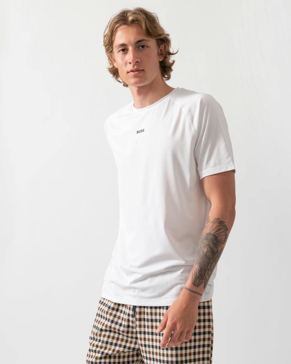 Model wearing a BOSS Green Tee Active Mens T-Shirt in White 100