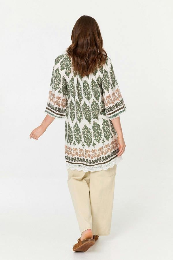 Green | Printed 3/4 Sleeve Longline Tunic Top
