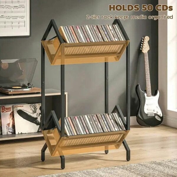 Bobobiy 50 CD Storage Rack, 2-Tier Metal CD Storage Unit, Free Standing, Easy to Assemble, Black
