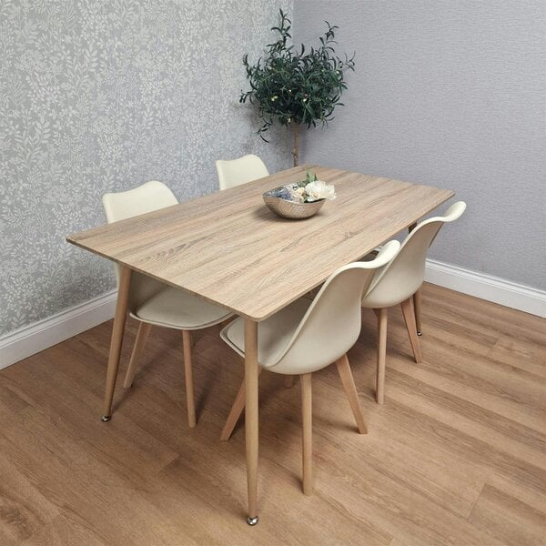 KOSY KOALA 4 Seater Modern Dining Table 140cm with Wood Effect Metal Leg and 4 Cream Chairs for Kitchen & Dining Room Furniture Set