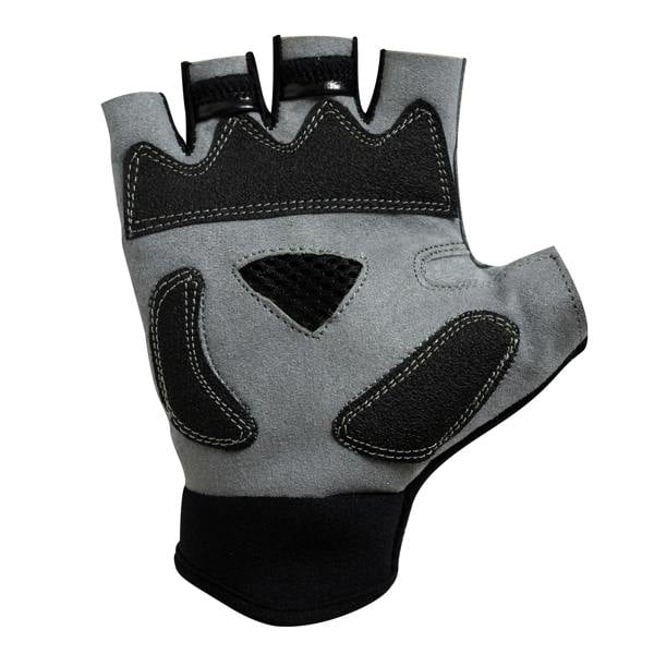 Grey and black half-finger cycling glove, palm view with padded gel pads and mesh vent panel, on white - Optimum
