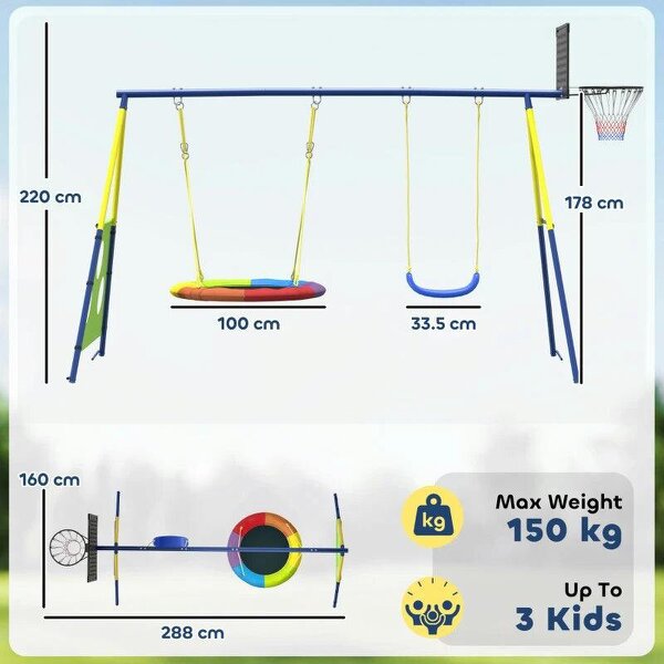 4-in-1 Kids Swing Set with Saucer Swing, Basketball Hoop and Football Goal, Outdoor Playground Playset for Garden
