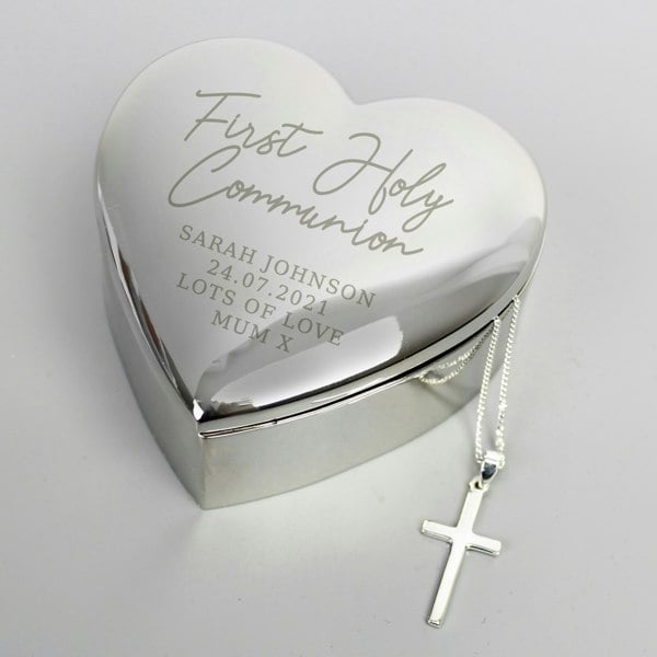 Personalised Memento Company Personalised First Holy Communion Heart Trinket Box & Cross Necklace Set