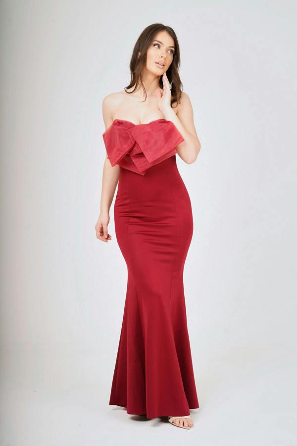 LuvForever Wine Off- Shoulder Bow-Tie Maxi Dress