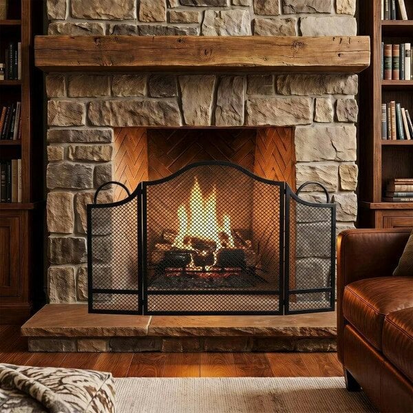 3-Panel Folding Fireplace Screen for Hearth Protection, Heat-Resistant Metal Fire Spark Guard, Black