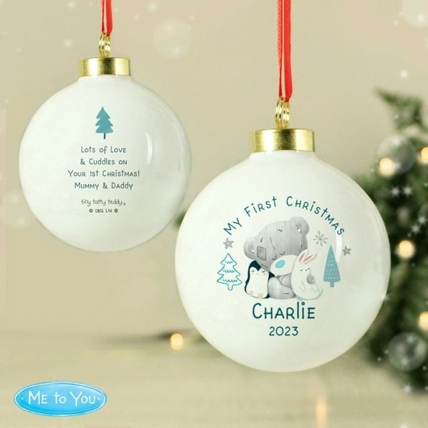 Personalised Memento Company Personalised Winter Explorer First Christmas Tiny Tatty Teddy Bauble