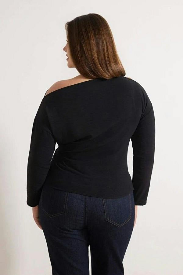 WOVCOR Gold Accessory Asymmetrical Collar Long Sleeve Woven Plus Size Blouse