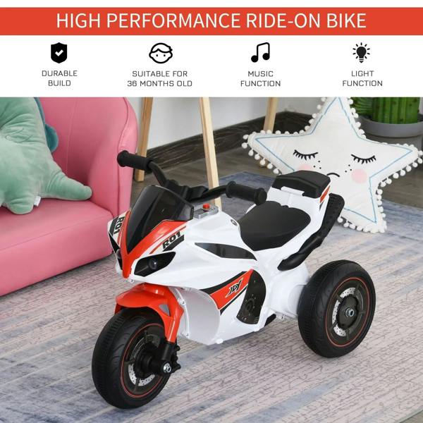White and red 3-wheel ride-on police bike with black seat, steering grips, and front fairing
