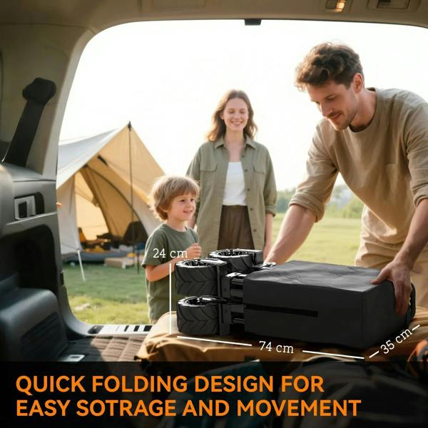 Black folding cargo wagon cart beside truck bed for quick loading and transport