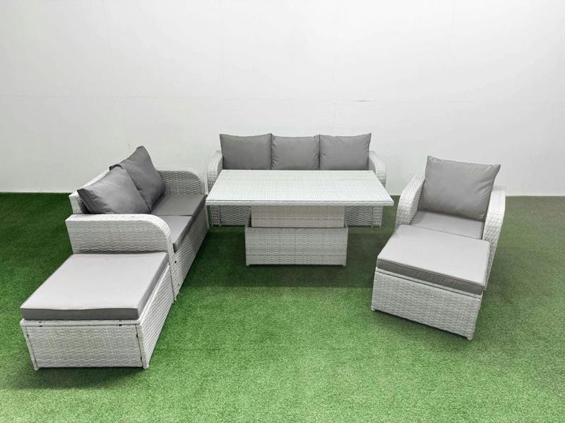 Fimous 8 Seater PE Rattan Furniture Set, Adj Height Table, Reclining Chair, Loveseat, 3 Seater Sofa and 2 Big Footstools, Light Grey