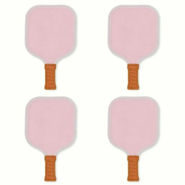 A set of four light pink linen cocktail napkins shaped like pickleball paddles, detailed with white embroidered borders and a light brown stitched handle grip.
