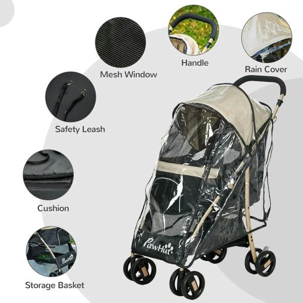 Khaki pet stroller with clear rain cover, mesh window, safety leash, and storage basket
