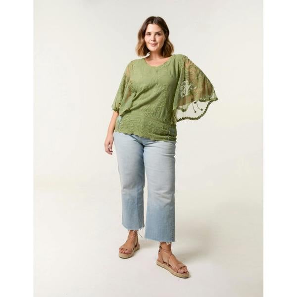 Blue Vanilla Curve Floral Lace Butterfly Sleeve Blouse