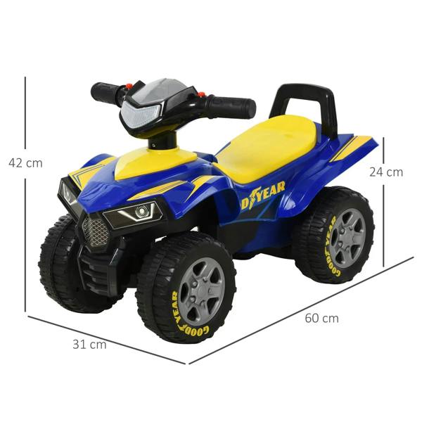 Blue and yellow ride-on quad bike with handlebar, front headlights, wide chunky tires