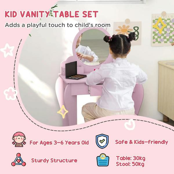 Kids pink vanity table set with cat-shaped mirror and matching stool, drawer and storage boxes