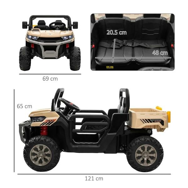 Yellow two-seat ride-on car with open cargo bucket and four large wheel tires