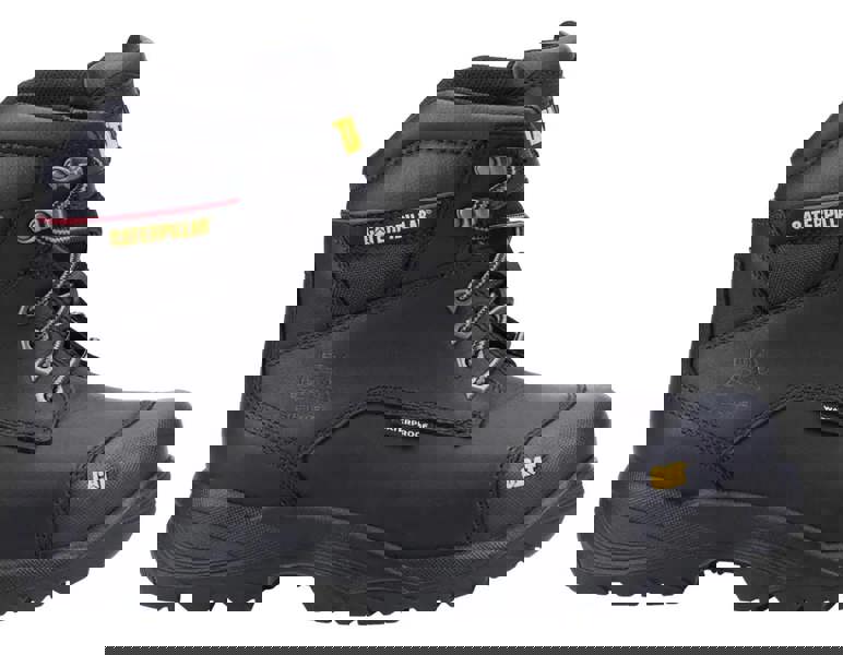 Caterpillar Spiro Mens Steel Toe/Midsole S3 Work Safety Boots, black industrial work boots with rugged design, steel toe cap, waterproof material, and slip-resistant sole for safety and durability in construction and industrial environments.