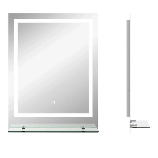 Large illuminated bathroom mirror with bright LED frame and clear glass shelf base