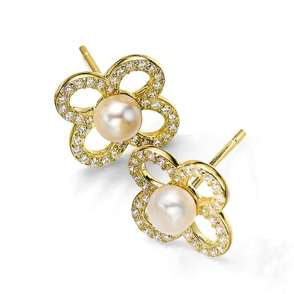 Pia Quatrefoil Stud Earrings, Gold-Plated Pearl & Cubic Zirconia Studs