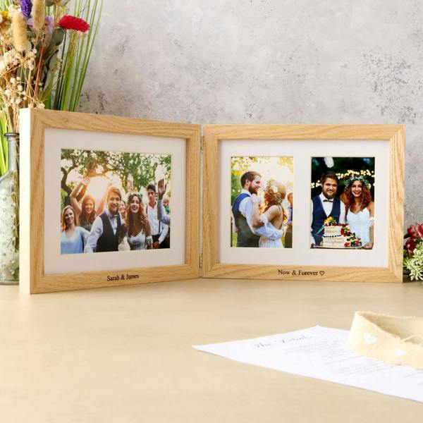 MijMoj Design Personalised Solid Oak Three Aperture Hinged Picture Frame - Natural Finish