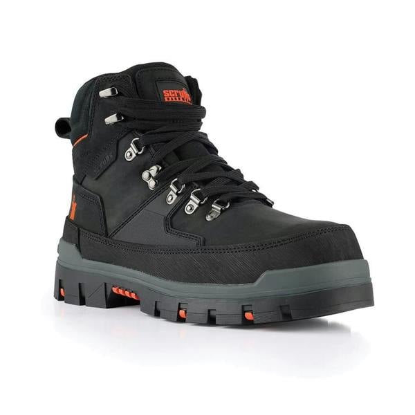 Scruffs Rugged Mens S3 Safety Composite Toe Midsole Work Ankle Boots, black work boot with durable leather and textile upper, metal eyelets, cushioned ankle support, slip-resistant rugged sole, designed for safety and comfort in work environments.