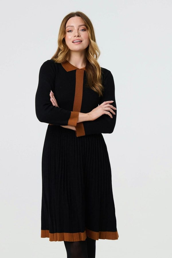 Black | Border Print Pleated Knit Knee Length Dress
