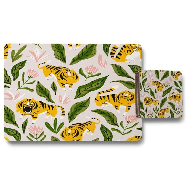 Benjamin Tate Design cute tigers and tropical leaves and flowers (Placemat & Coaster Set)