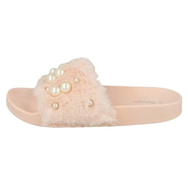 Spot On Ladies Spot On Pearl Trim Faux Fur Slider Style Sandals