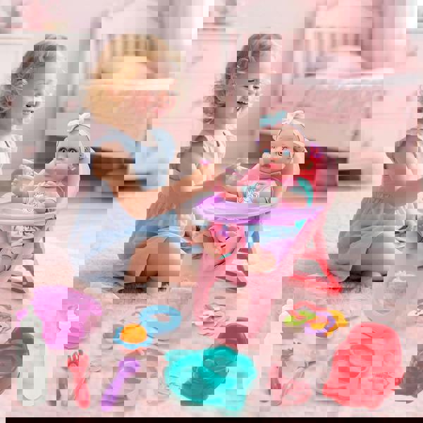 deAO 12" Baby Doll Backpack Playset - Pretend Feeding Set with Doll, Mini High Chair, Accessories & Travel Bag