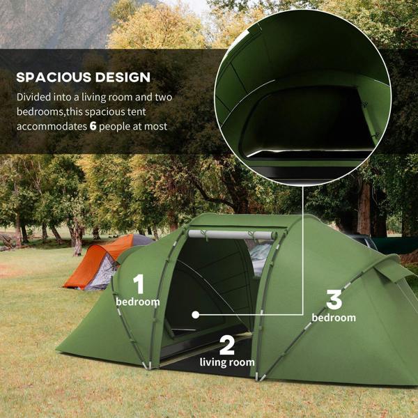 Dark green tunnel tent section showing two bedrooms and central living area