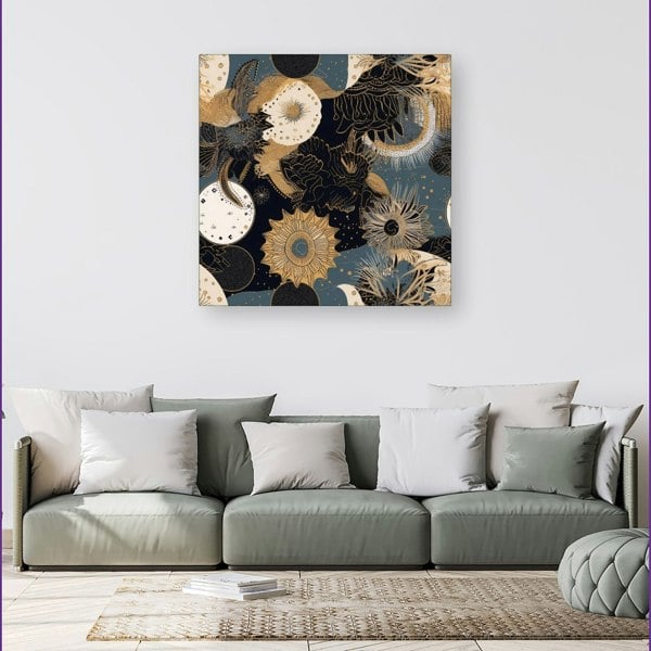 Warren Reed Abstract Blue Gold Moon Sun Canvas