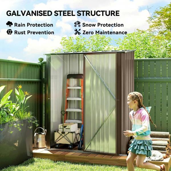 Brown corrugated steel garden shed with diagonal door brace and latch