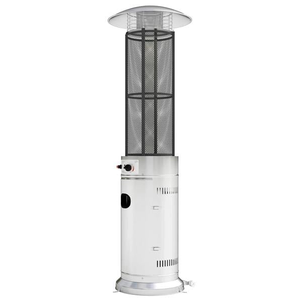 Silver adjustable heat gas patio heater with protective mesh cylinder