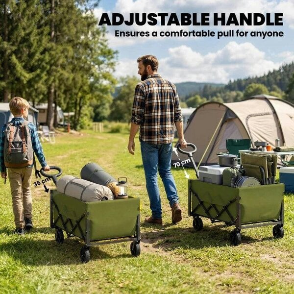 Bobobiy 60L Foldable Festival Trolley on Wheels, Collapsible Wagon Cart with Drop-Down Tailgate, Adjustable Handle, Green