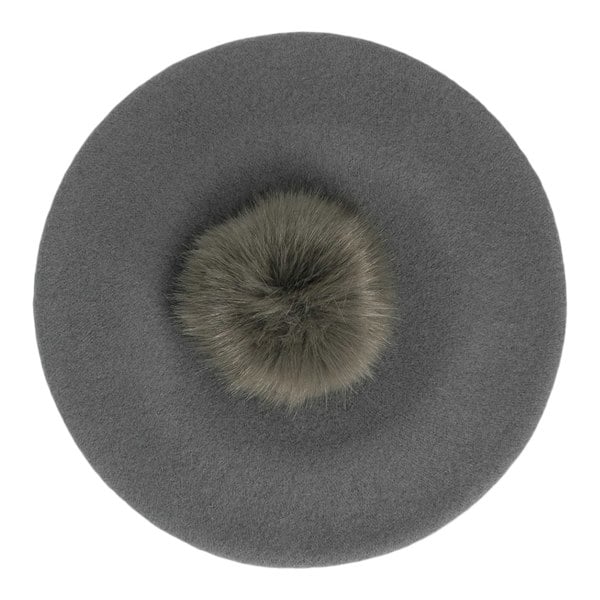 Gamble & Gunn Grey Beret with Grey Faux Fur Pom Pom