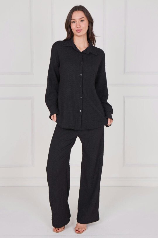 Elaina Fashion Textured Shirt & Wide-Leg Trouser Co-Ord Set - Onesize (8-14) - Black