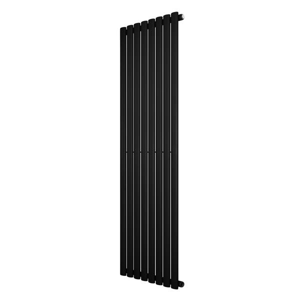 Sleek black oval single column radiator, 1600 x 480mm, featuring a modern design with smooth surfaces and vertical lines