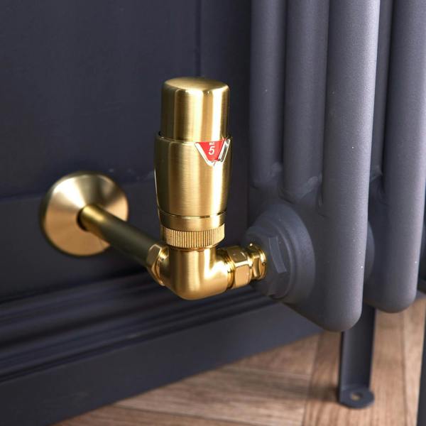 Flode Corner Thermostatic Radiator Valve Pack | 15mm x 1/2" | Brushed Brass
