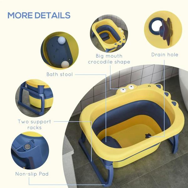 Yellow and navy baby bathtub with cartoon rim, support racks, and non-slip pad