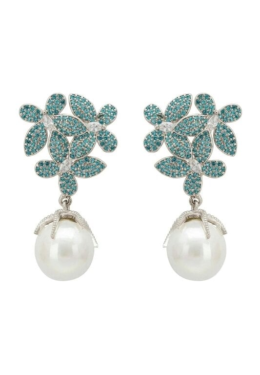 Latelita Flowers Pearl Earrings Aqua Blue Silver