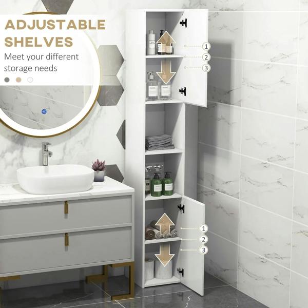 White bathroom cabinet with open door showing adjustable shelves and stored bottles
