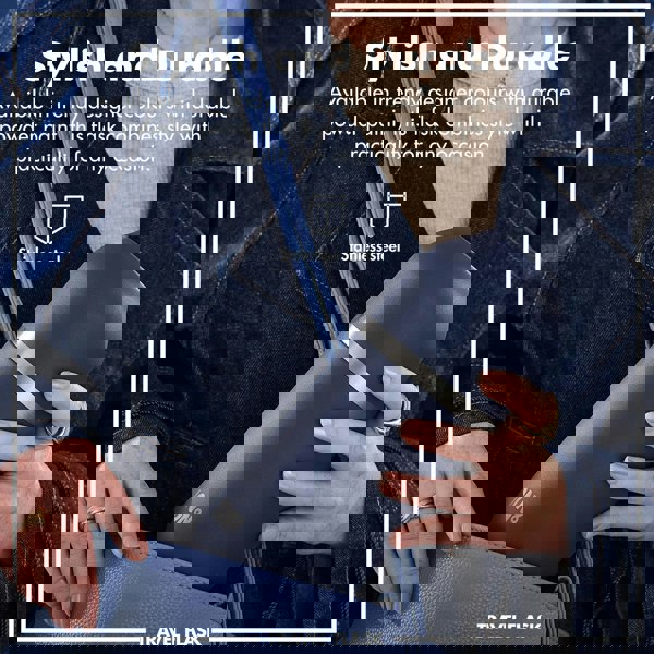 A person holds a blue travel flask with a silver band in a denim jacket pocket. Text reads: "Stylish and Durable Available in trendy designer colours with durable powder paint this flask combines style with practicality for any occasion Stainless steel TRAVEL FLASK."