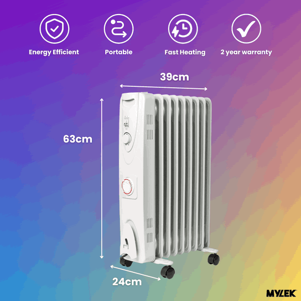 Mylek Oil Filled Electric Portable Heater Radiator with Adjustable Thermostat 2000w With Timer