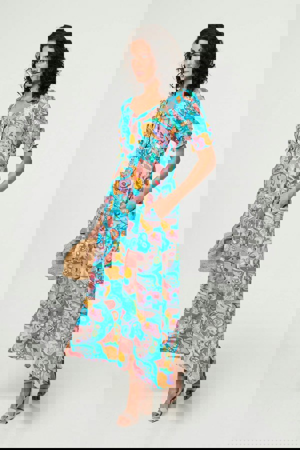 Blue | Abstract Tie Neck Puff Sleeve Midi Dress
