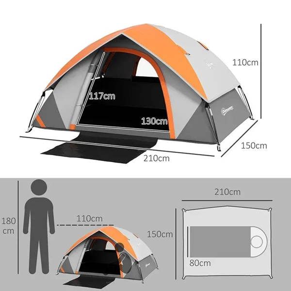 Two-person dome camping tent, orange top and grey walls, arched front entrance