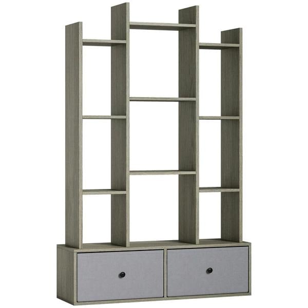 Graphite wood-effect storage unit with open shelves and two bottom drawers